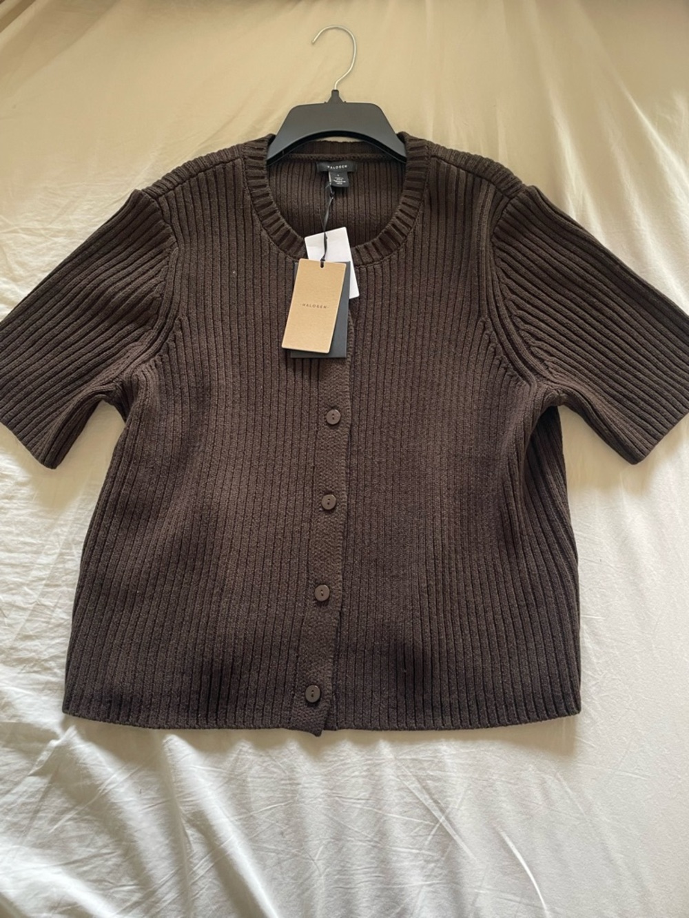 Halogen Chocolate Brown Short-Sleeve Ribbed Button Cardigan